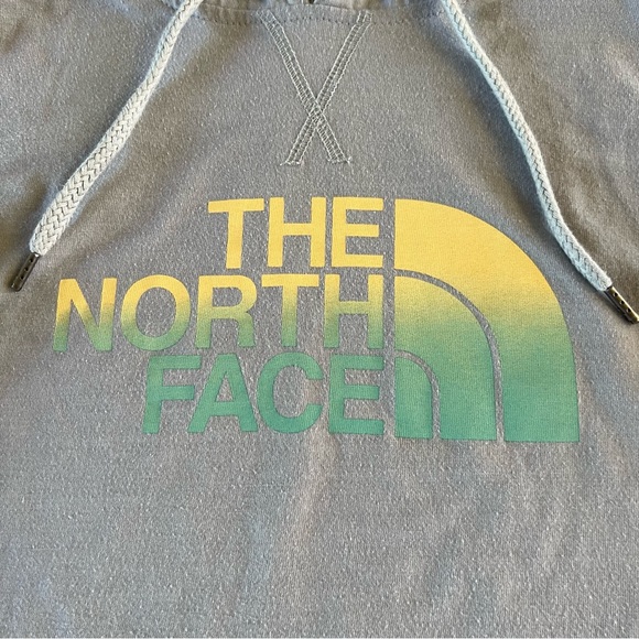 The North Face Small Classic Fit Gray Green Yellow Logo Hoodie Sweatshirt - Picture 2 of 4